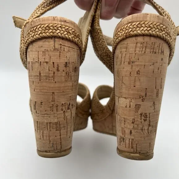 Stuart Weitzman Minx Tan Woven Leather Ankle Strap Cork Wedge Sandals Women’s 7 - Picture 11 of 16